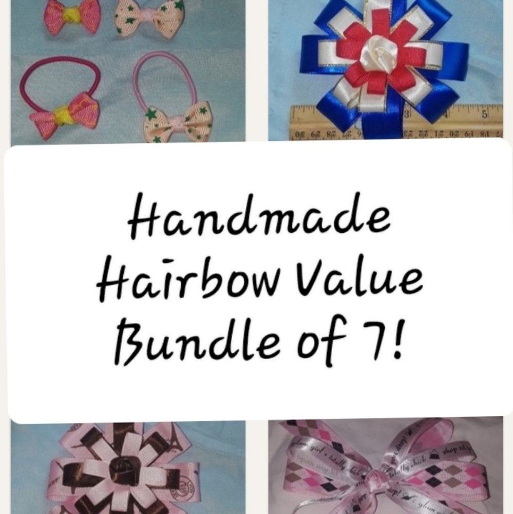 Handmade HairBows Value Bundle- 4 Ponytails & 3 Barrettes Patriotic Eiffel Tower